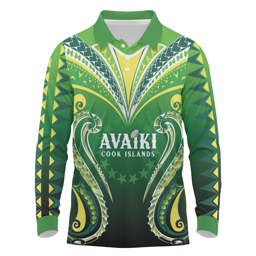 Custom Rugby Cook Islands Avaiki Long Sleeve Polo Shirt Green Kuki Airani Tribal Maori Inspired - Polynesian Pride