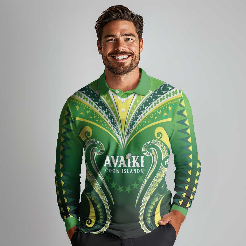 Custom Rugby Cook Islands Avaiki Long Sleeve Polo Shirt Green Kuki Airani Tribal Maori Inspired - Polynesian Pride