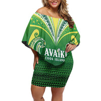 Custom Rugby Cook Islands Avaiki Off Shoulder Short Dress Green Kuki Airani Tribal Maori Inspired - Polynesian Pride