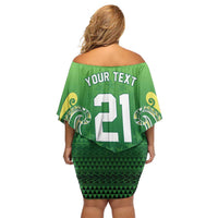 Custom Rugby Cook Islands Avaiki Off Shoulder Short Dress Green Kuki Airani Tribal Maori Inspired - Polynesian Pride