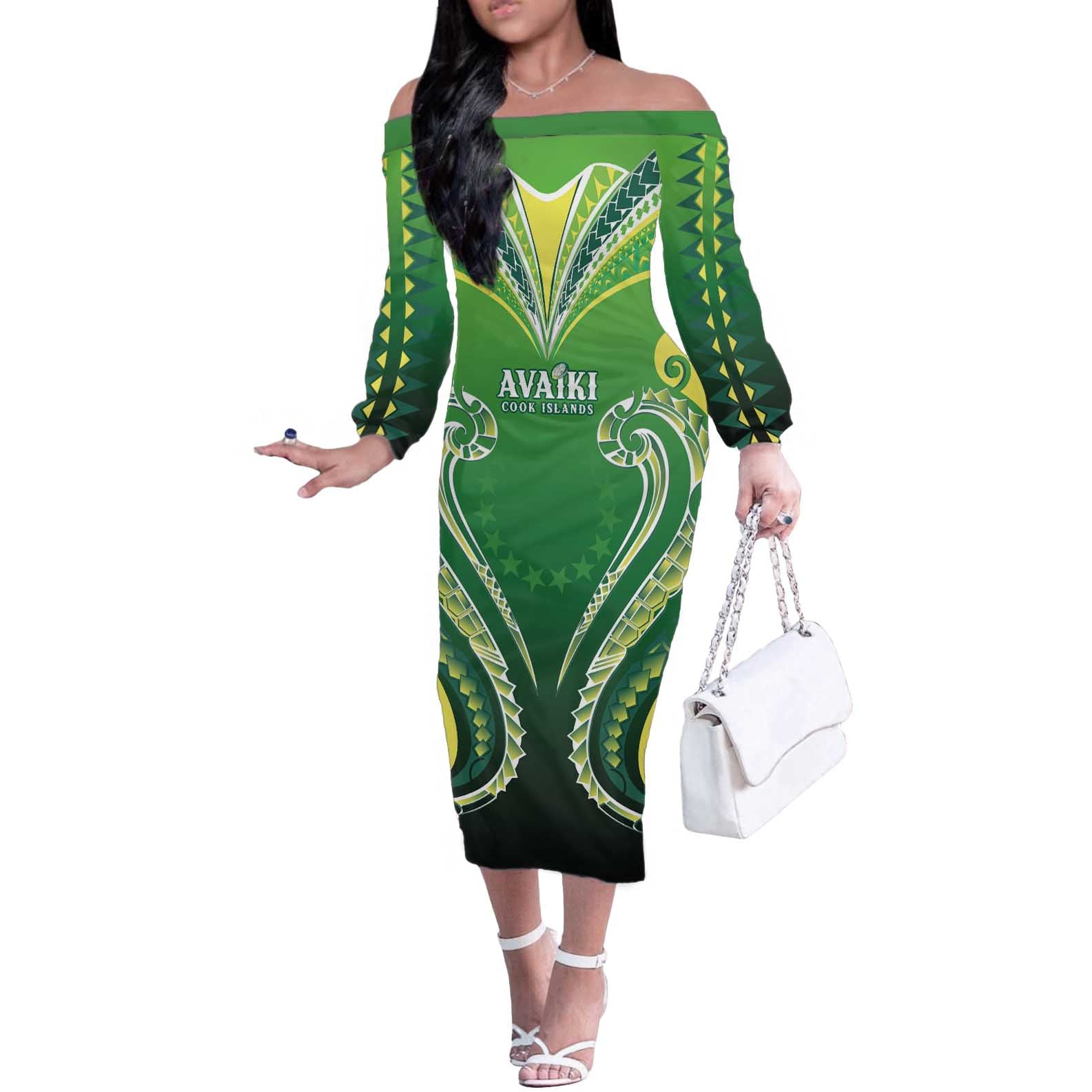 Custom Rugby Cook Islands Avaiki Off The Shoulder Long Sleeve Dress Green Kuki Airani Tribal Maori Inspired - Polynesian Pride
