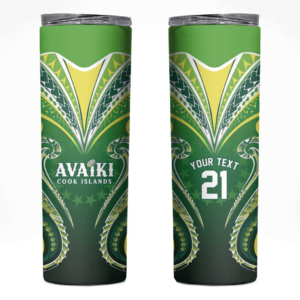 Custom Rugby Cook Islands Avaiki Skinny Tumbler Green Kuki Airani Tribal Maori Inspired - Polynesian Pride