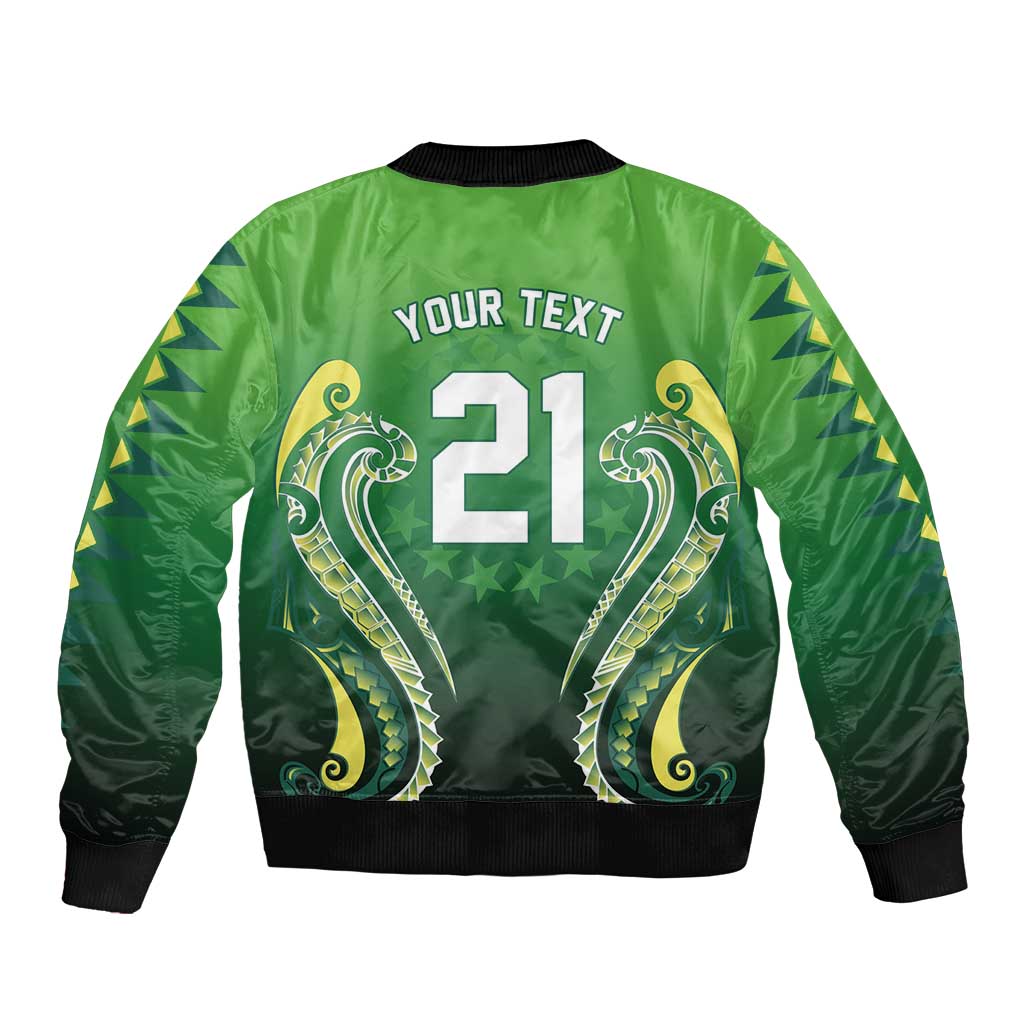 Custom Rugby Cook Islands Avaiki Sleeve Zip Bomber Jacket Green Kuki Airani Tribal Maori Inspired - Polynesian Pride