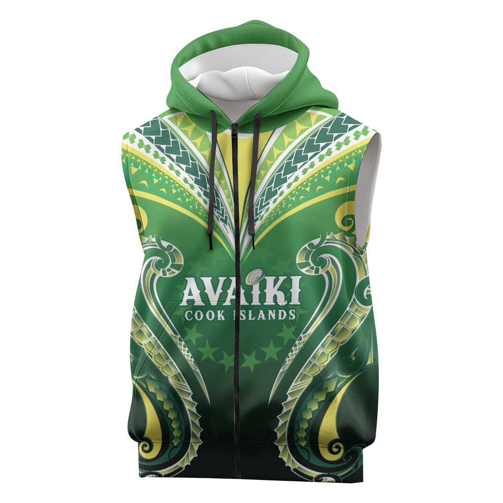 Custom Rugby Cook Islands Avaiki Sleeveless Zip Hoodie Green Kuki Airani Tribal Maori Inspired - Polynesian Pride