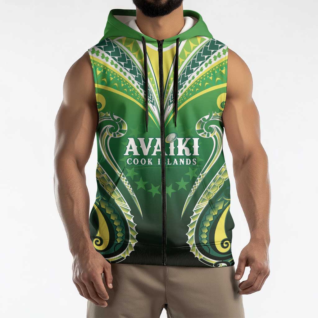 Custom Rugby Cook Islands Avaiki Sleeveless Zip Hoodie Green Kuki Airani Tribal Maori Inspired - Polynesian Pride