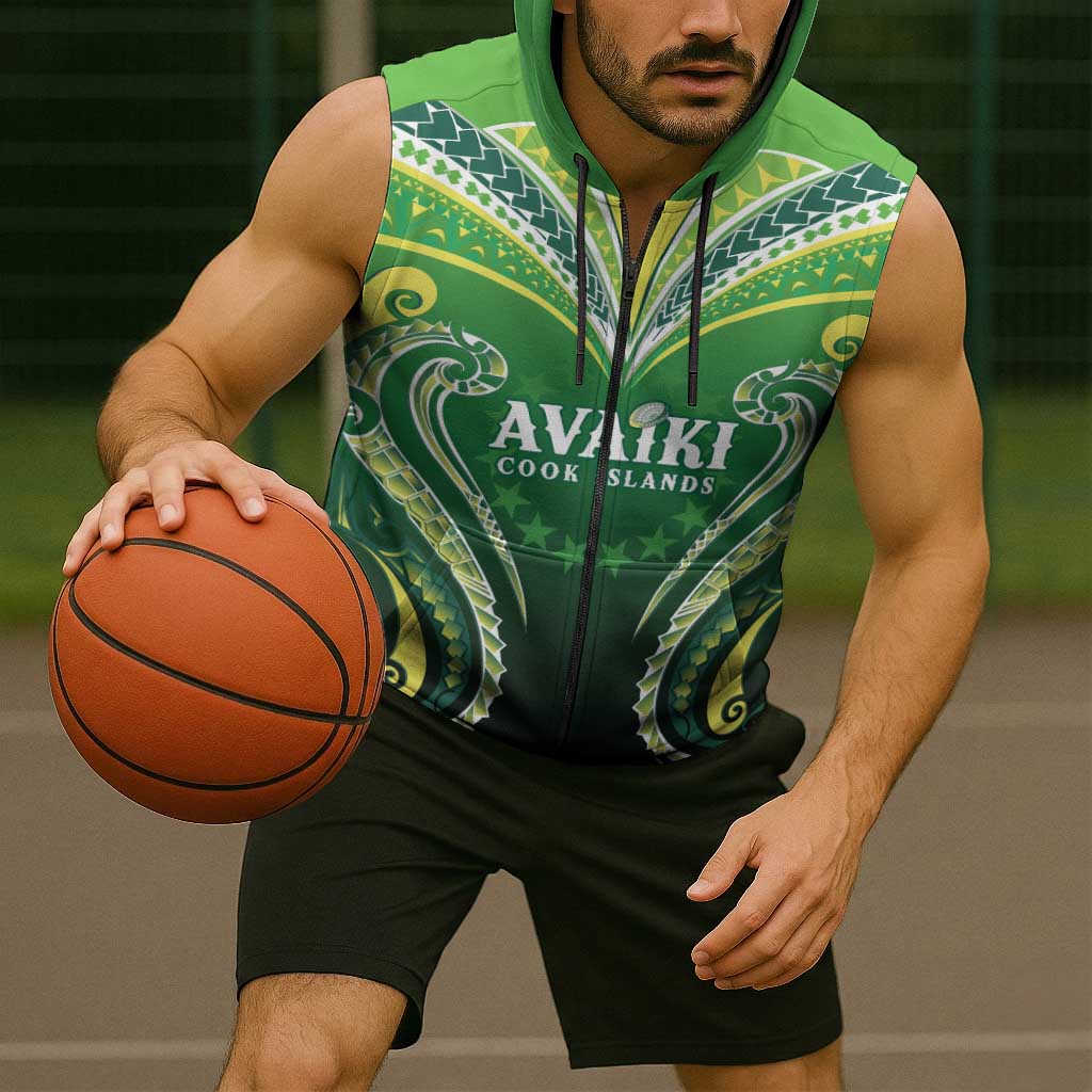 Custom Rugby Cook Islands Avaiki Sleeveless Zip Hoodie Green Kuki Airani Tribal Maori Inspired - Polynesian Pride
