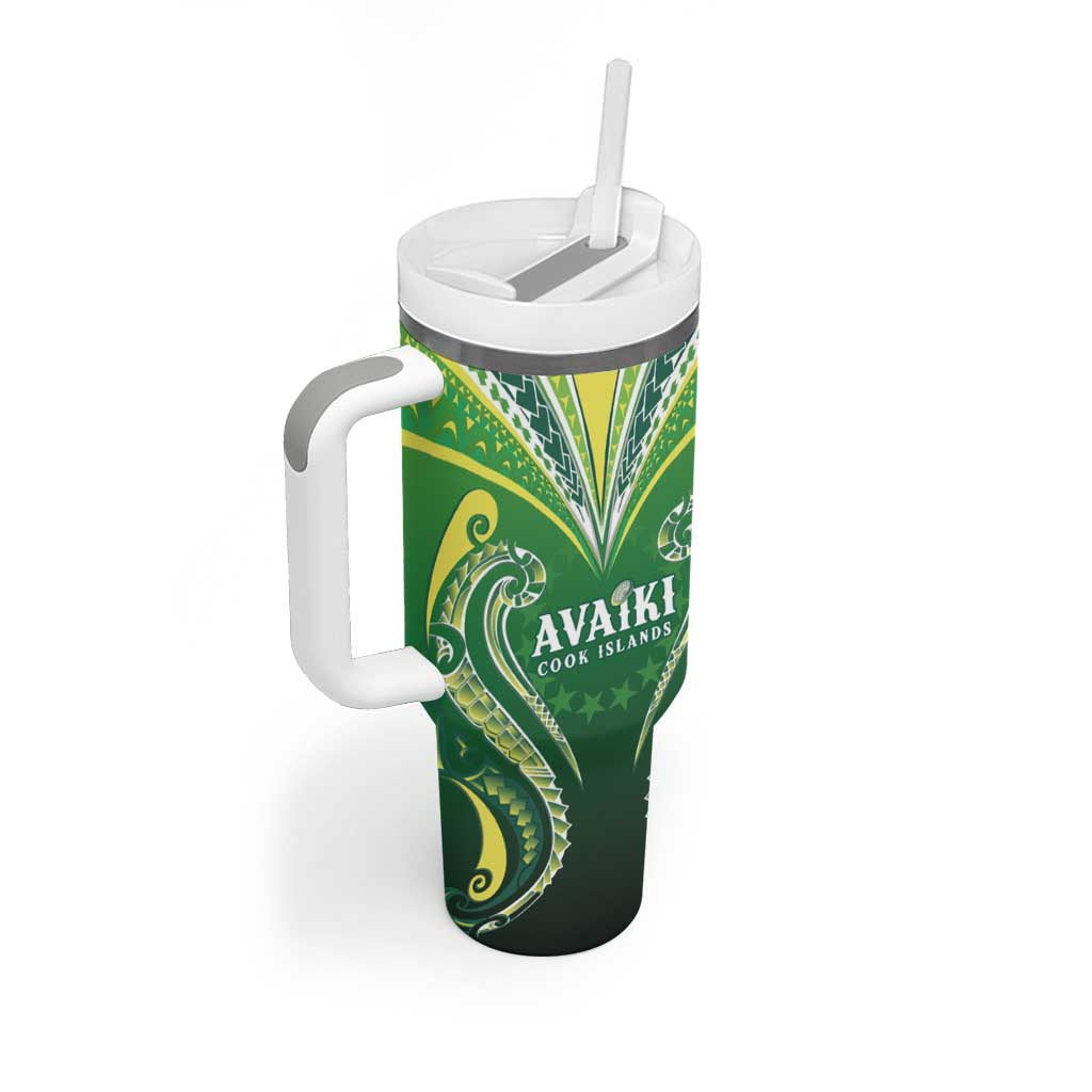 Custom Rugby Cook Islands Avaiki Tumbler With Handle Green Kuki Airani Tribal Maori Inspired - Polynesian Pride