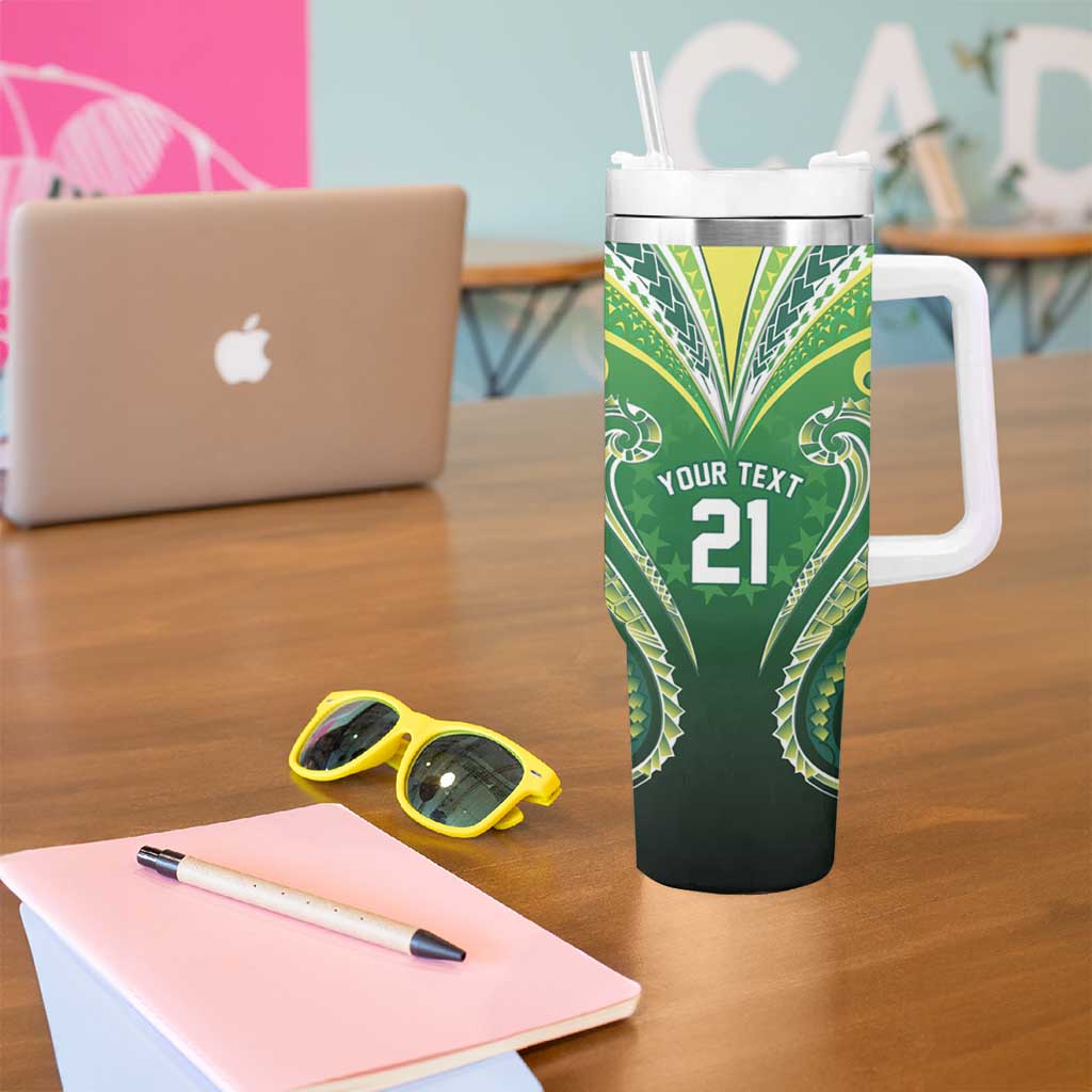 Custom Rugby Cook Islands Avaiki Tumbler With Handle Green Kuki Airani Tribal Maori Inspired - Polynesian Pride