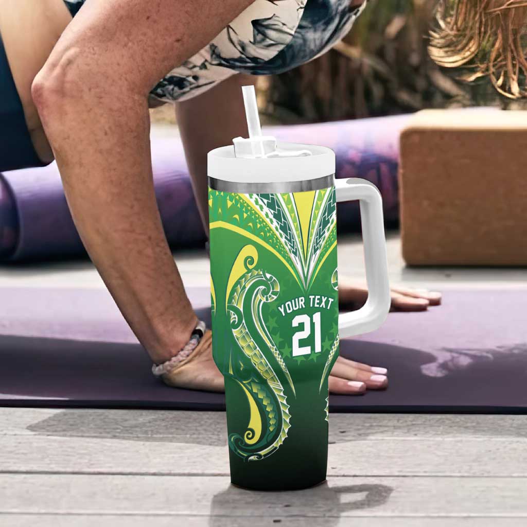 Custom Rugby Cook Islands Avaiki Tumbler With Handle Green Kuki Airani Tribal Maori Inspired - Polynesian Pride