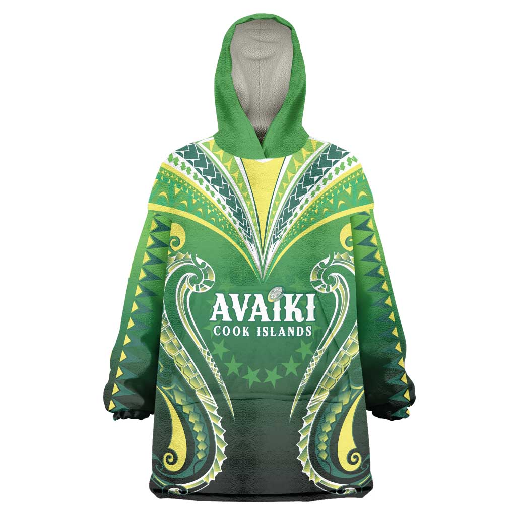 Custom Rugby Cook Islands Avaiki Wearable Blanket Hoodie Green Kuki Airani Tribal Maori Inspired - Polynesian Pride