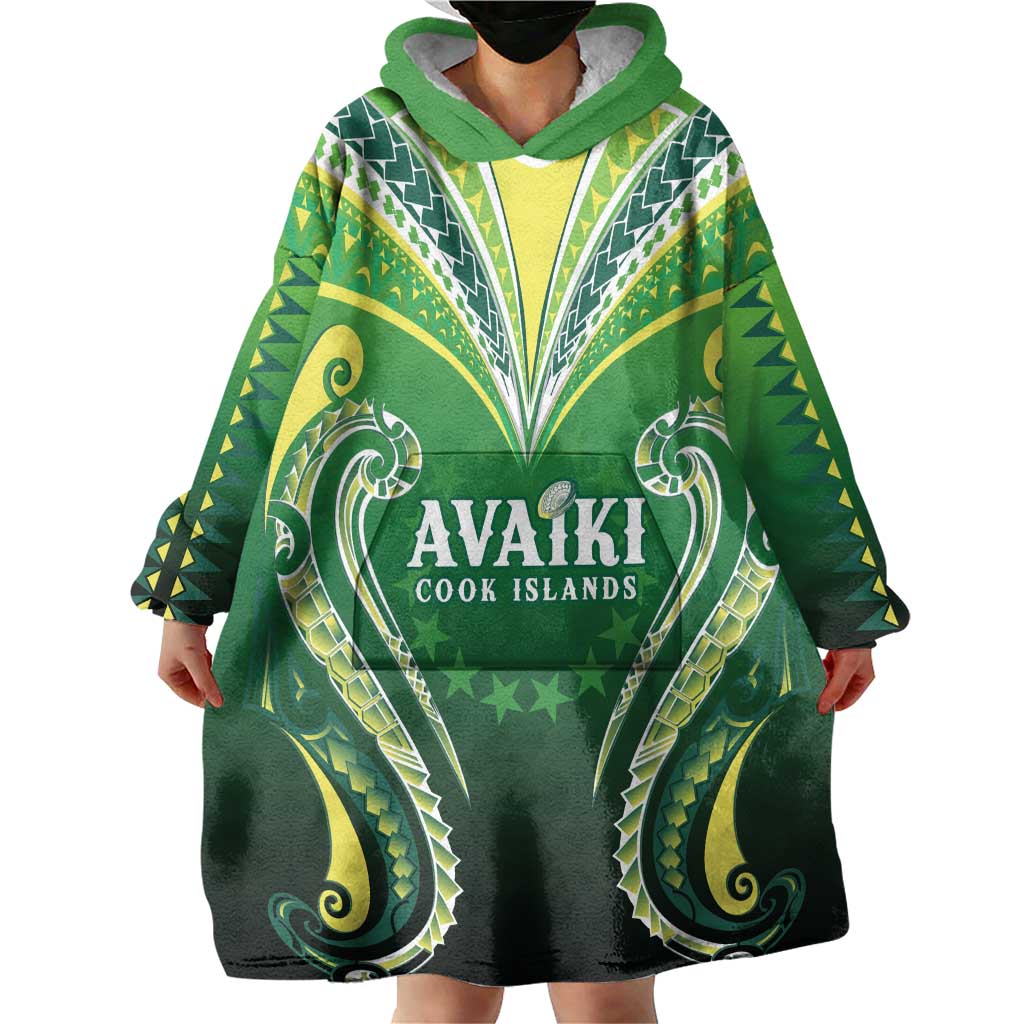 Custom Rugby Cook Islands Avaiki Wearable Blanket Hoodie Green Kuki Airani Tribal Maori Inspired - Polynesian Pride
