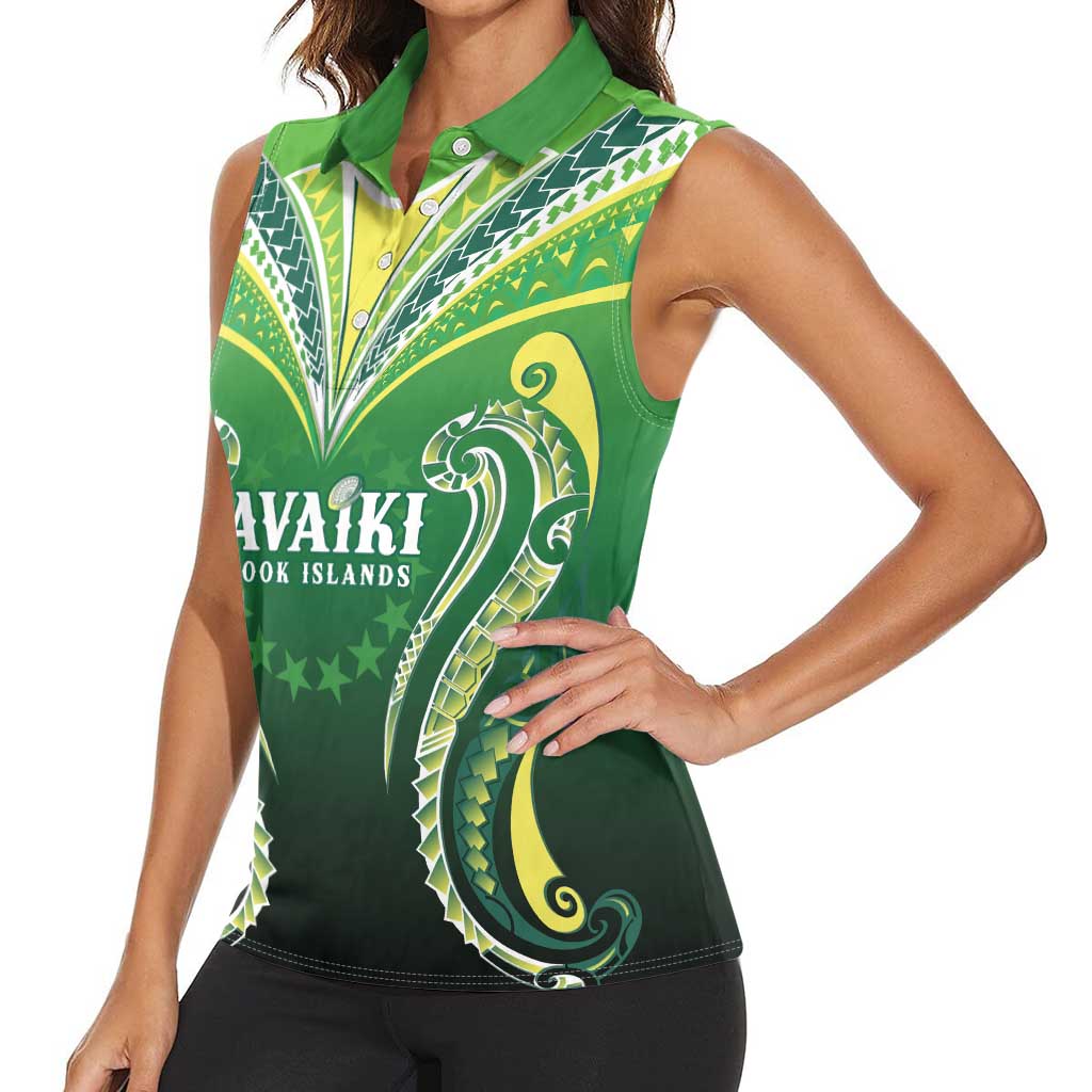Custom Rugby Cook Islands Avaiki Women Sleeveless Polo Shirt Green Kuki Airani Tribal Maori Inspired - Polynesian Pride