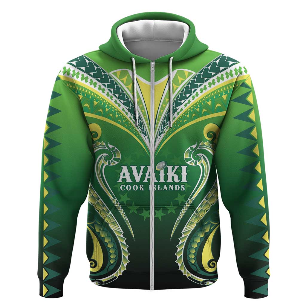 Custom Rugby Cook Islands Avaiki Zip Hoodie Green Kuki Airani Tribal Maori Inspired - Polynesian Pride