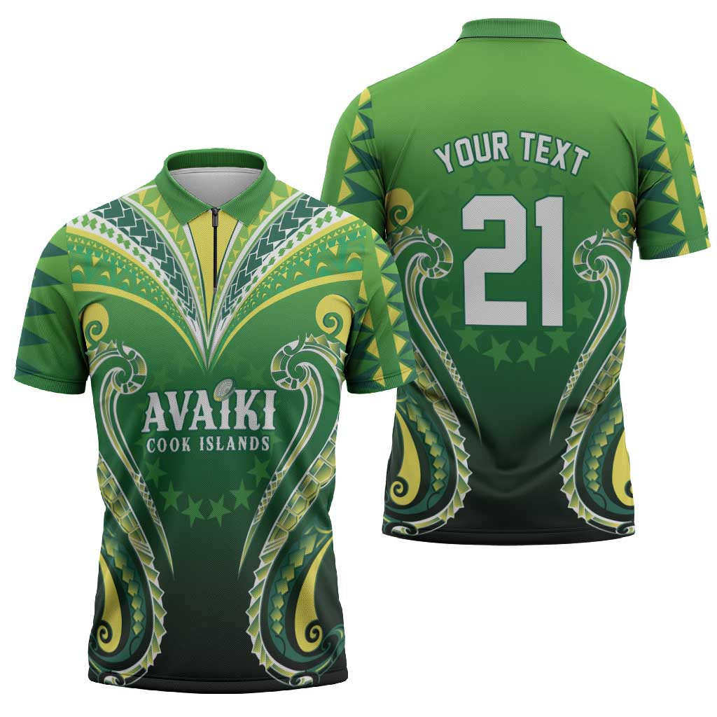 Custom Rugby Cook Islands Avaiki Zipper Polo Shirt Green Kuki Airani Tribal Maori Inspired - Polynesian Pride