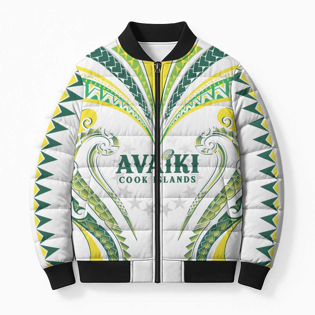 Custom Rugby Cook Islands Avaiki Bomber Puffer Jacket White Kuki Airani Tribal Maori Inspired - Polynesian Pride