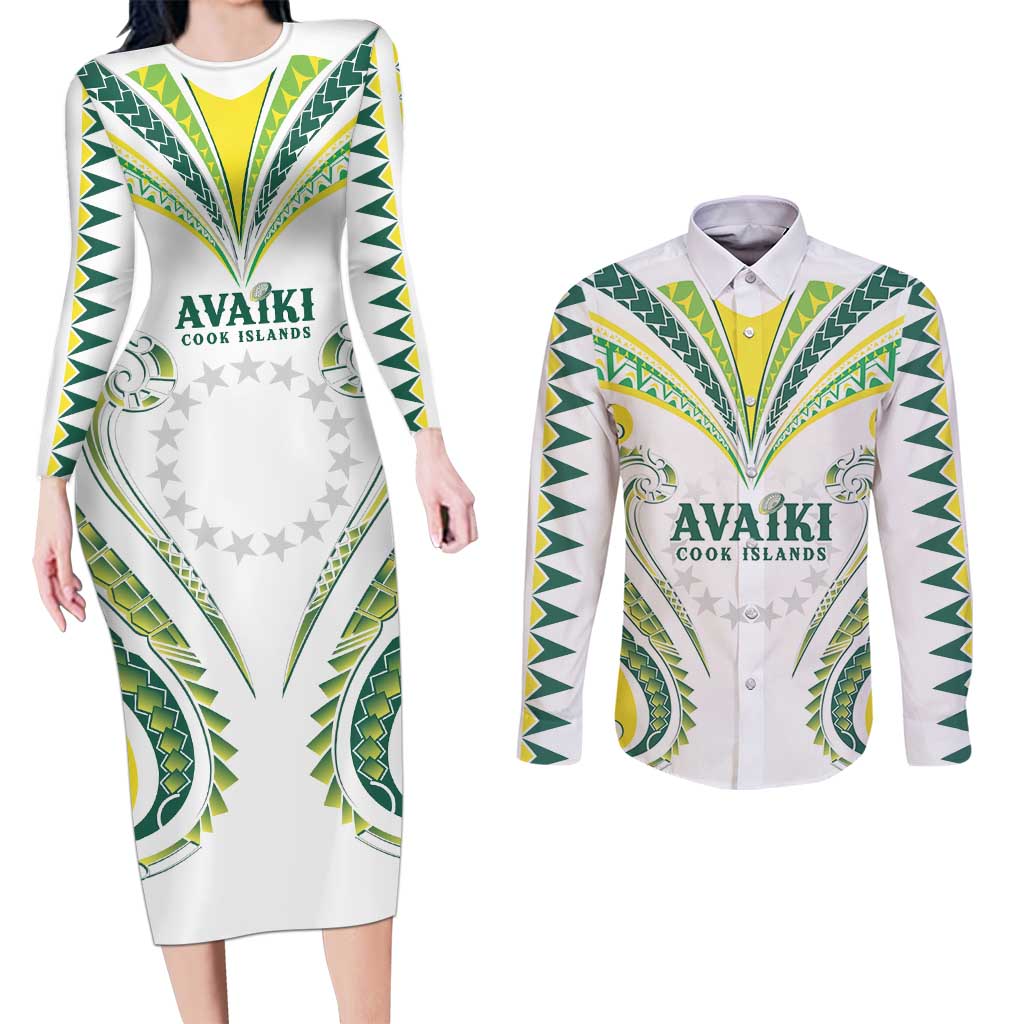 Custom Rugby Cook Islands Avaiki Couples Matching Long Sleeve Bodycon Dress and Long Sleeve Button Shirt White Kuki Airani Tribal Maori Inspired - Polynesian Pride
