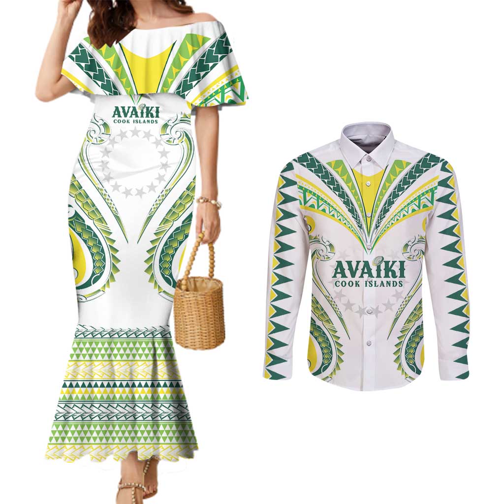 Custom Rugby Cook Islands Avaiki Couples Matching Mermaid Dress and Long Sleeve Button Shirt White Kuki Airani Tribal Maori Inspired - Polynesian Pride