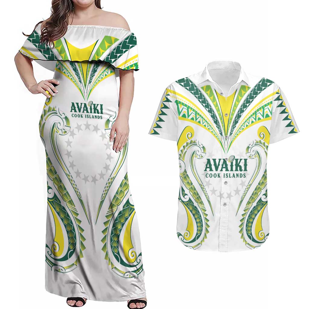 Custom Rugby Cook Islands Avaiki Couples Matching Off Shoulder Maxi Dress and Hawaiian Shirt White Kuki Airani Tribal Maori Inspired - Polynesian Pride