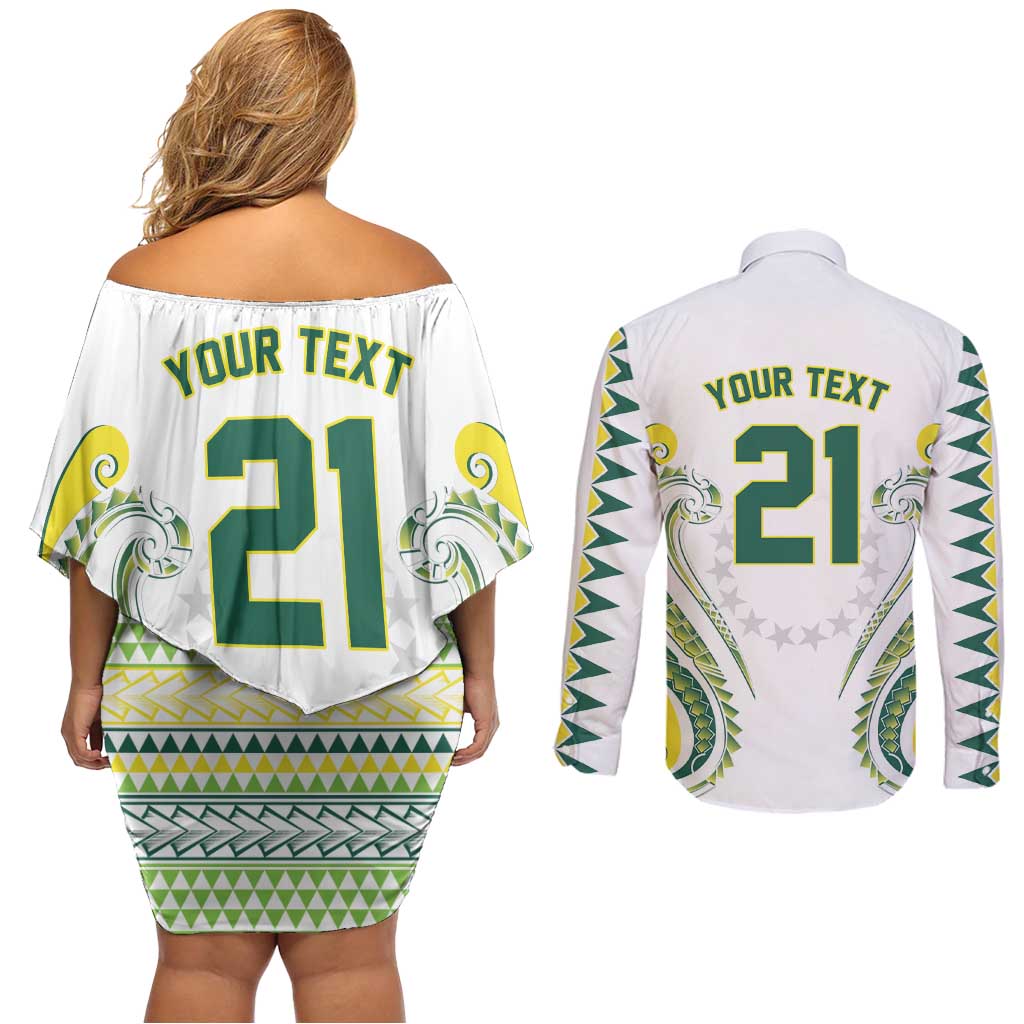 Custom Rugby Cook Islands Avaiki Couples Matching Off Shoulder Short Dress and Long Sleeve Button Shirt White Kuki Airani Tribal Maori Inspired - Polynesian Pride