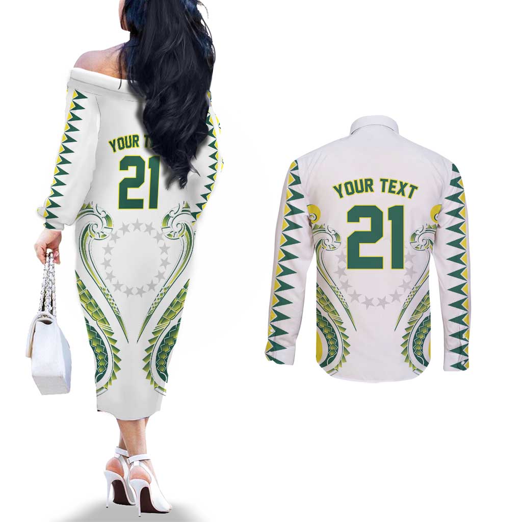 Custom Rugby Cook Islands Avaiki Couples Matching Off The Shoulder Long Sleeve Dress and Long Sleeve Button Shirt White Kuki Airani Tribal Maori Inspired - Polynesian Pride