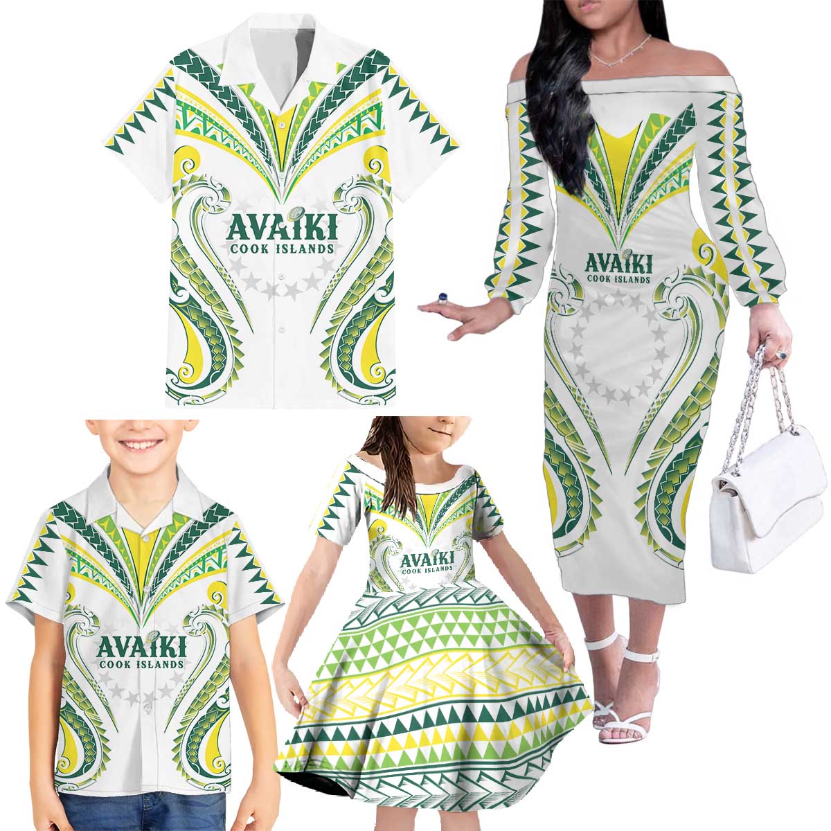 Custom Rugby Cook Islands Avaiki Family Matching Off The Shoulder Long Sleeve Dress and Hawaiian Shirt White Kuki Airani Tribal Maori Inspired - Polynesian Pride