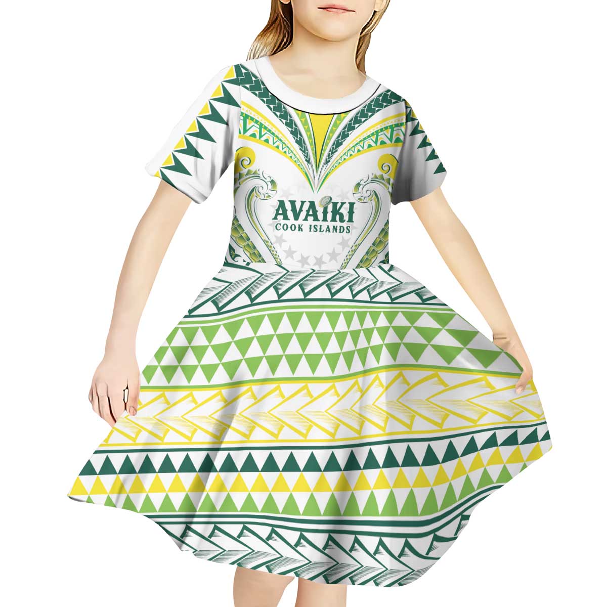 Custom Rugby Cook Islands Avaiki Kid Short Sleeve Dress White Kuki Airani Tribal Maori Inspired - Polynesian Pride