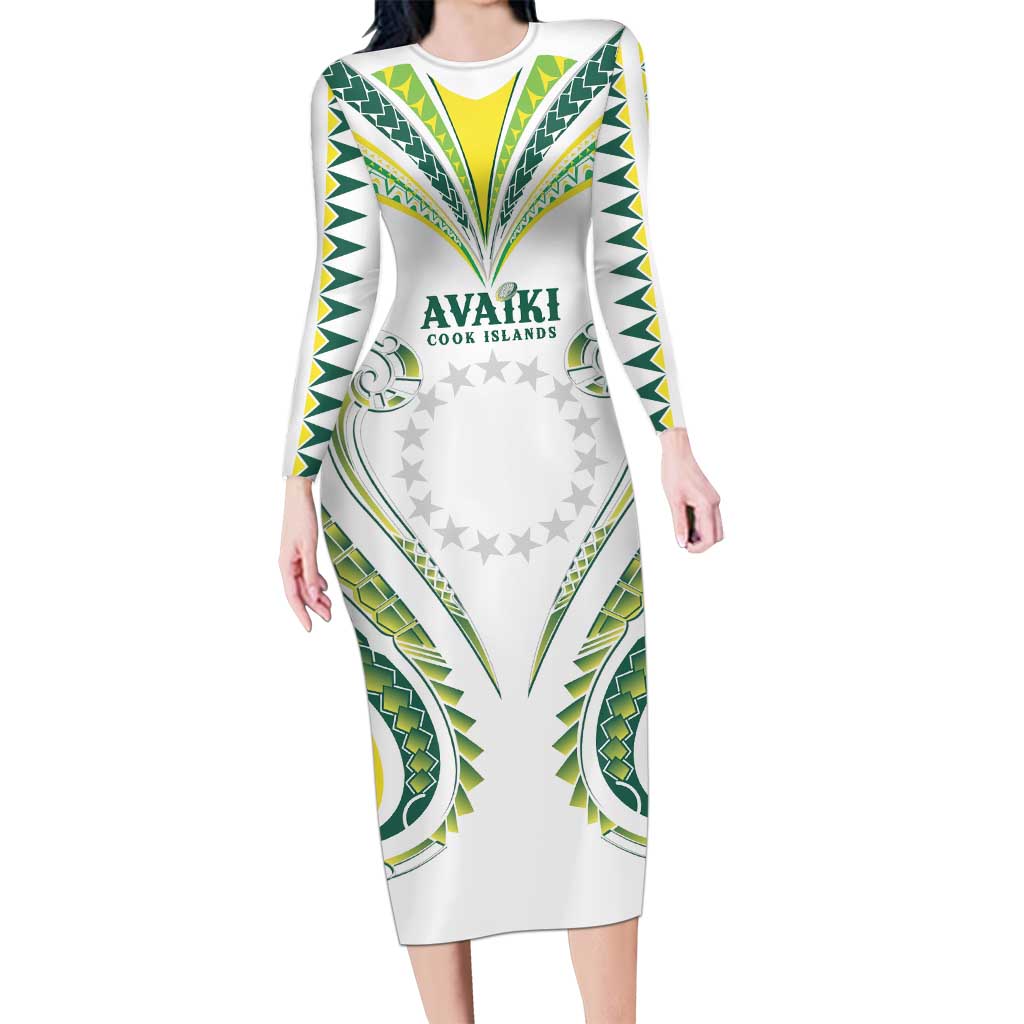 Custom Rugby Cook Islands Avaiki Long Sleeve Bodycon Dress White Kuki Airani Tribal Maori Inspired - Polynesian Pride