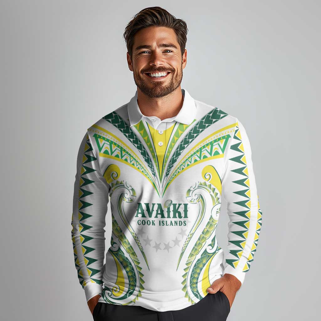 Custom Rugby Cook Islands Avaiki Long Sleeve Polo Shirt White Kuki Airani Tribal Maori Inspired - Polynesian Pride