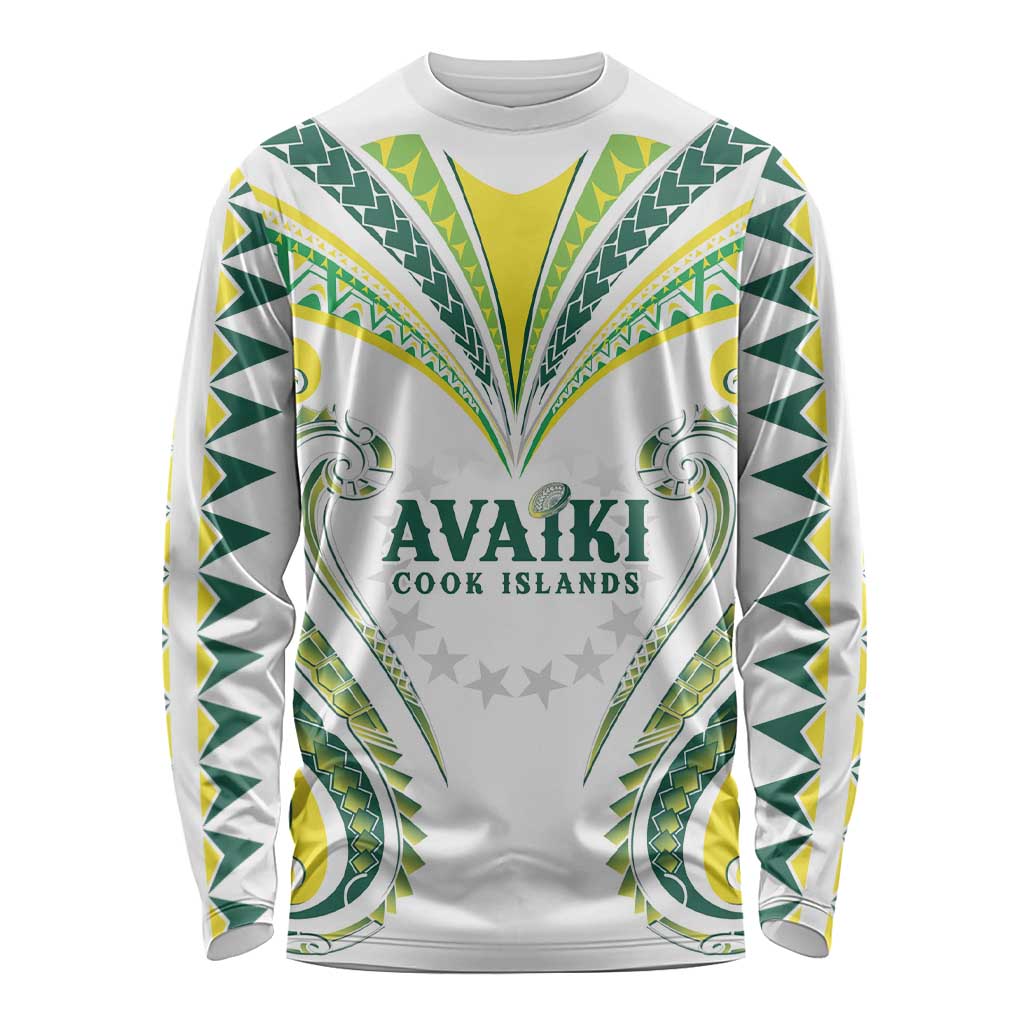 Custom Rugby Cook Islands Avaiki Long Sleeve Shirt White Kuki Airani Tribal Maori Inspired - Polynesian Pride