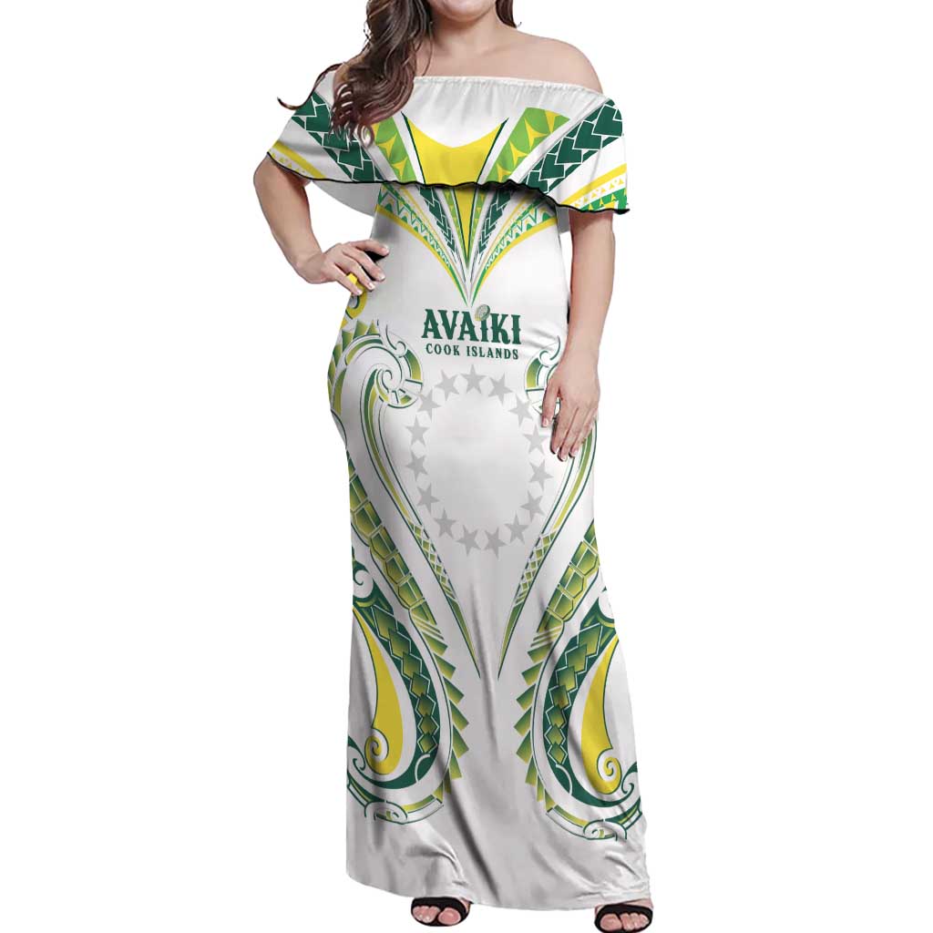 Custom Rugby Cook Islands Avaiki Off Shoulder Maxi Dress White Kuki Airani Tribal Maori Inspired - Polynesian Pride