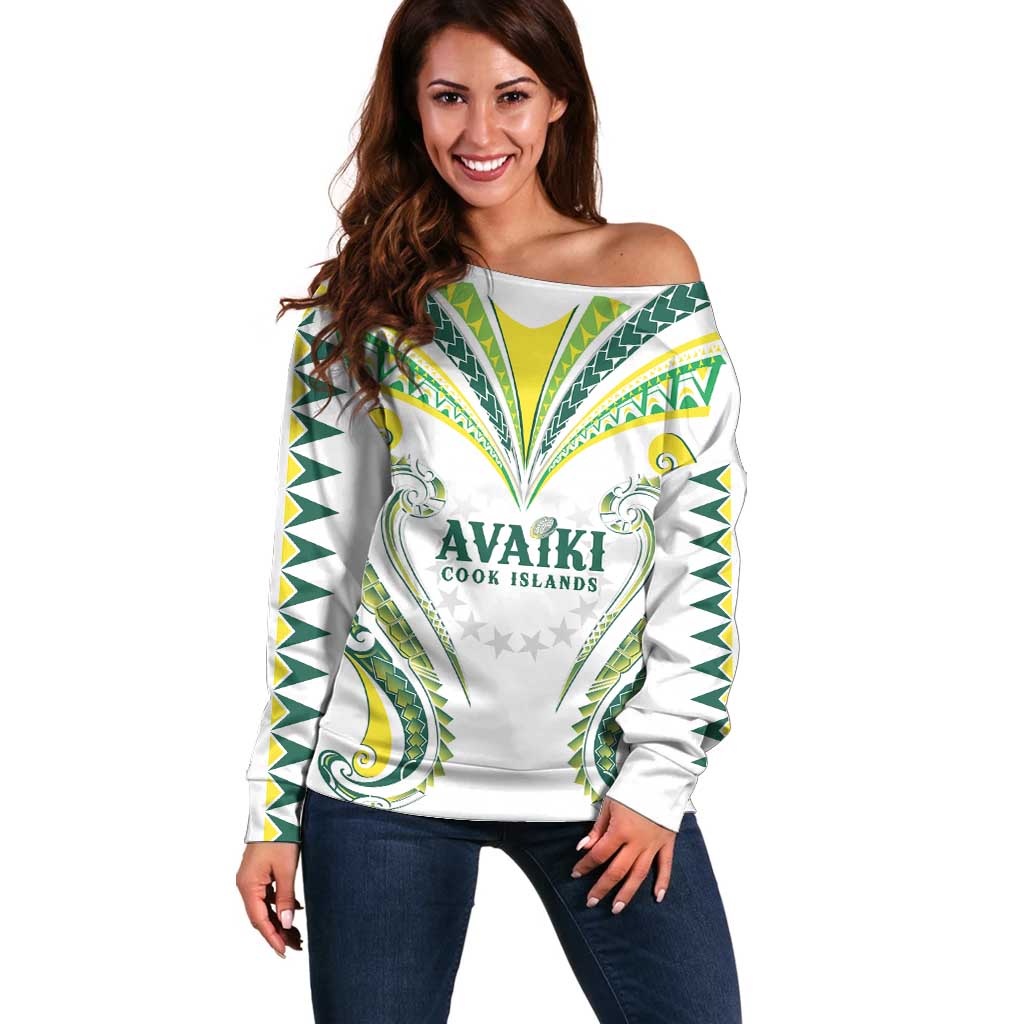 Custom Rugby Cook Islands Avaiki Off Shoulder Sweater White Kuki Airani Tribal Maori Inspired - Polynesian Pride