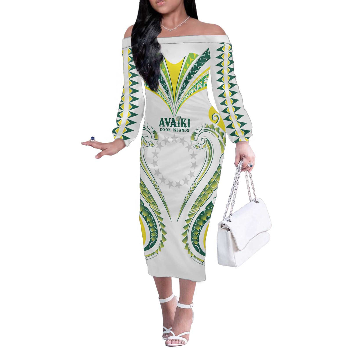 Custom Rugby Cook Islands Avaiki Off The Shoulder Long Sleeve Dress White Kuki Airani Tribal Maori Inspired - Polynesian Pride