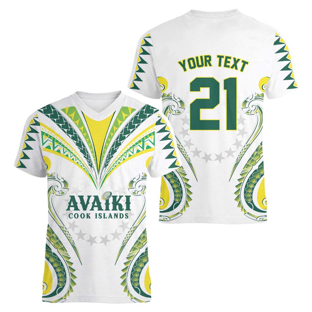 Custom Rugby Cook Islands Avaiki Women V-Neck T-Shirt White Kuki Airani Tribal Maori Inspired - Polynesian Pride