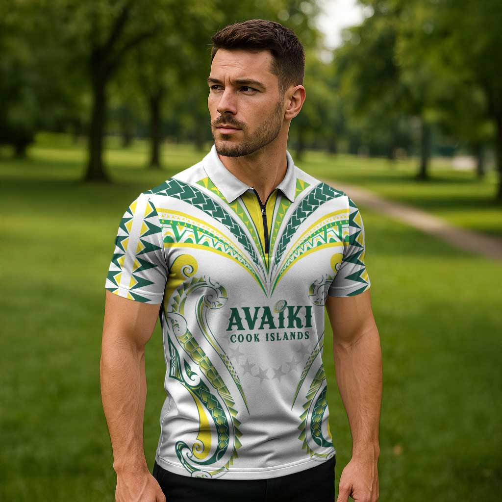 Custom Rugby Cook Islands Avaiki Zipper Polo Shirt White Kuki Airani Tribal Maori Inspired - Polynesian Pride