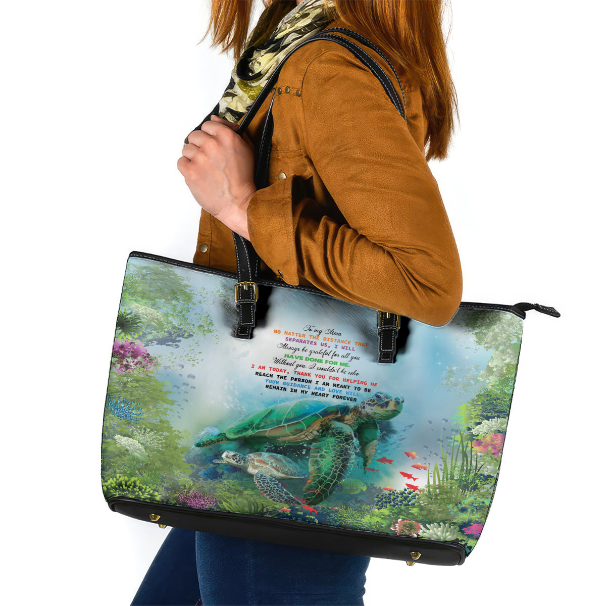 Polynesia Mother's Day Leather Tote Bag Magnificent Sea Turtle Of Love and Gratitude LT9 Blue - Polynesian Pride