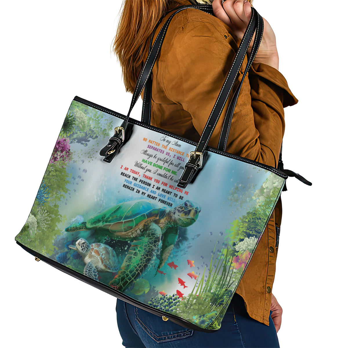 Polynesia Mother's Day Leather Tote Bag Magnificent Sea Turtle Of Love and Gratitude LT9 - Polynesian Pride