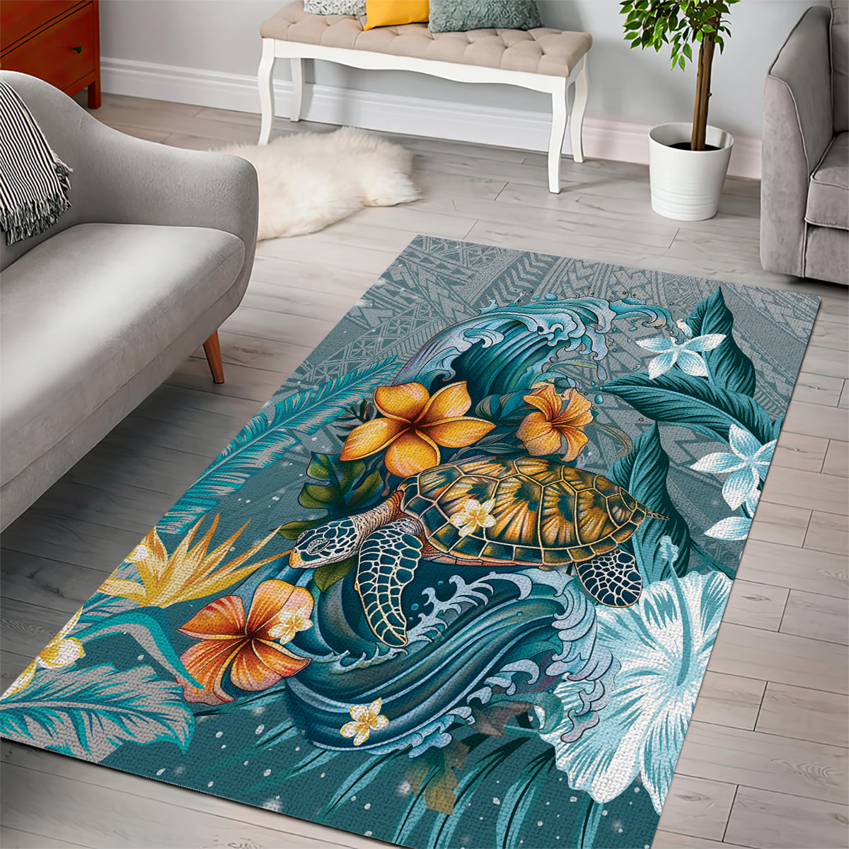 Sea Turtle In The Ocean Area Rug with Polynesian Pattern Arty Style