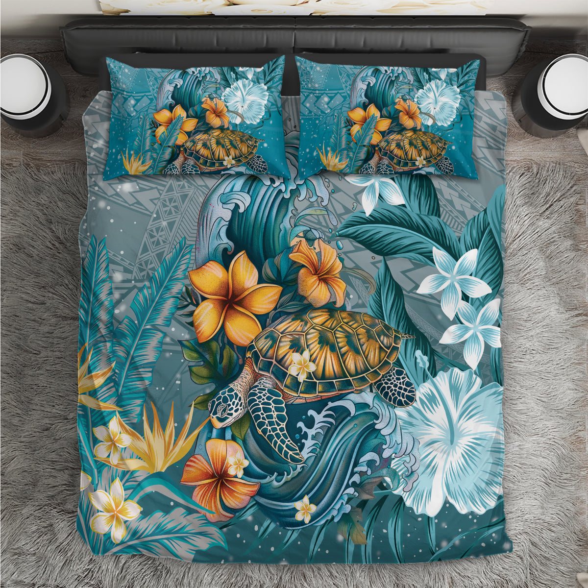 Sea Turtle In The Ocean Bedding Set with Polynesian Pattern Arty Style
