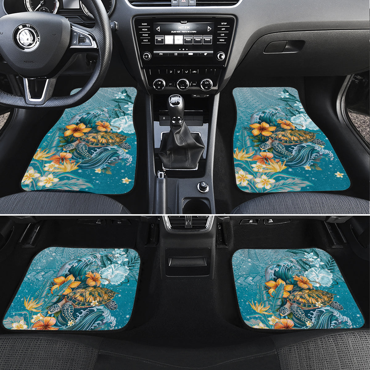 Sea Turtle In The Ocean Car Mats with Polynesian Pattern Arty Style LT9 Set 4pcs Blue - Polynesian Pride
