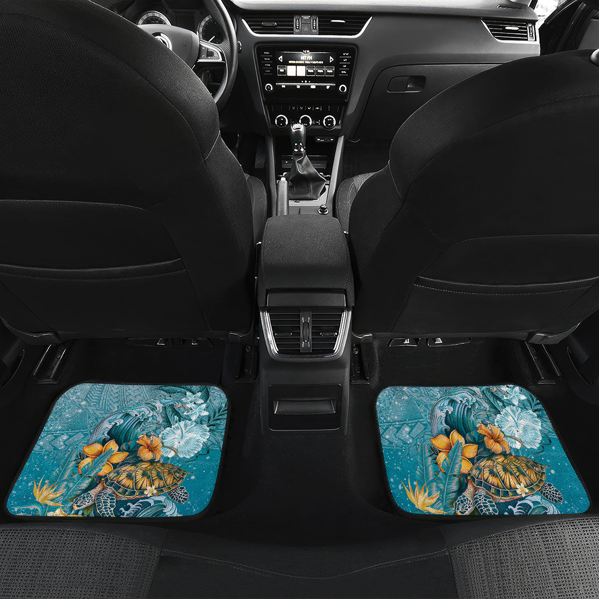 Sea Turtle In The Ocean Car Mats with Polynesian Pattern Arty Style LT9 Set 2pcs - Back Blue - Polynesian Pride