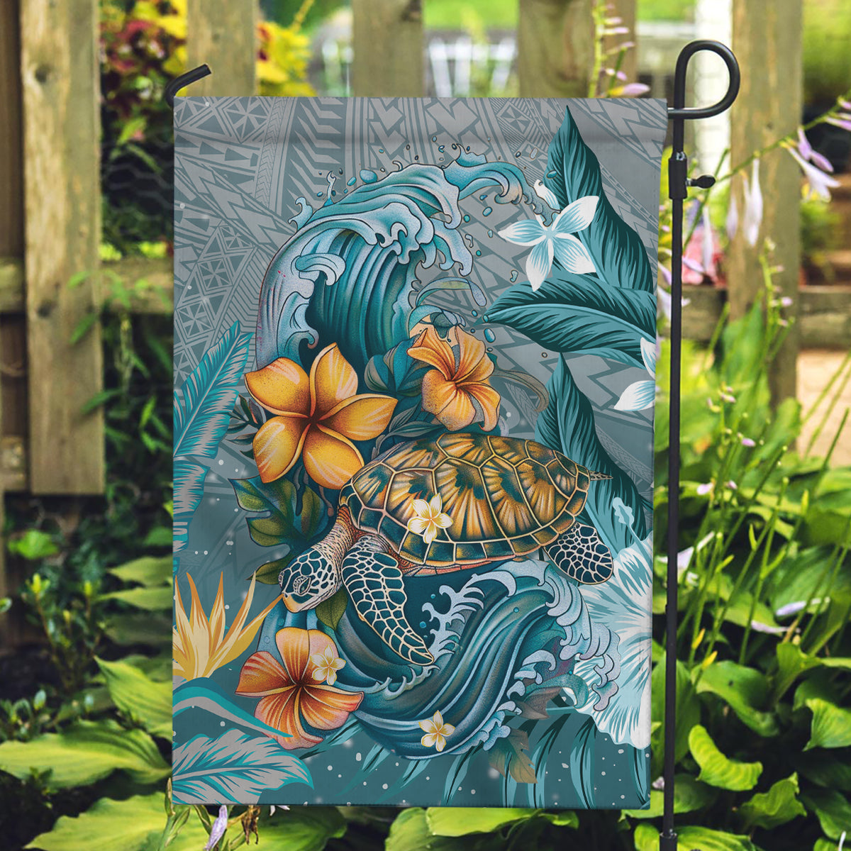 Sea Turtle In The Ocean Garden Flag with Polynesian Pattern Arty Style LT9 Garden Flag Blue - Polynesian Pride