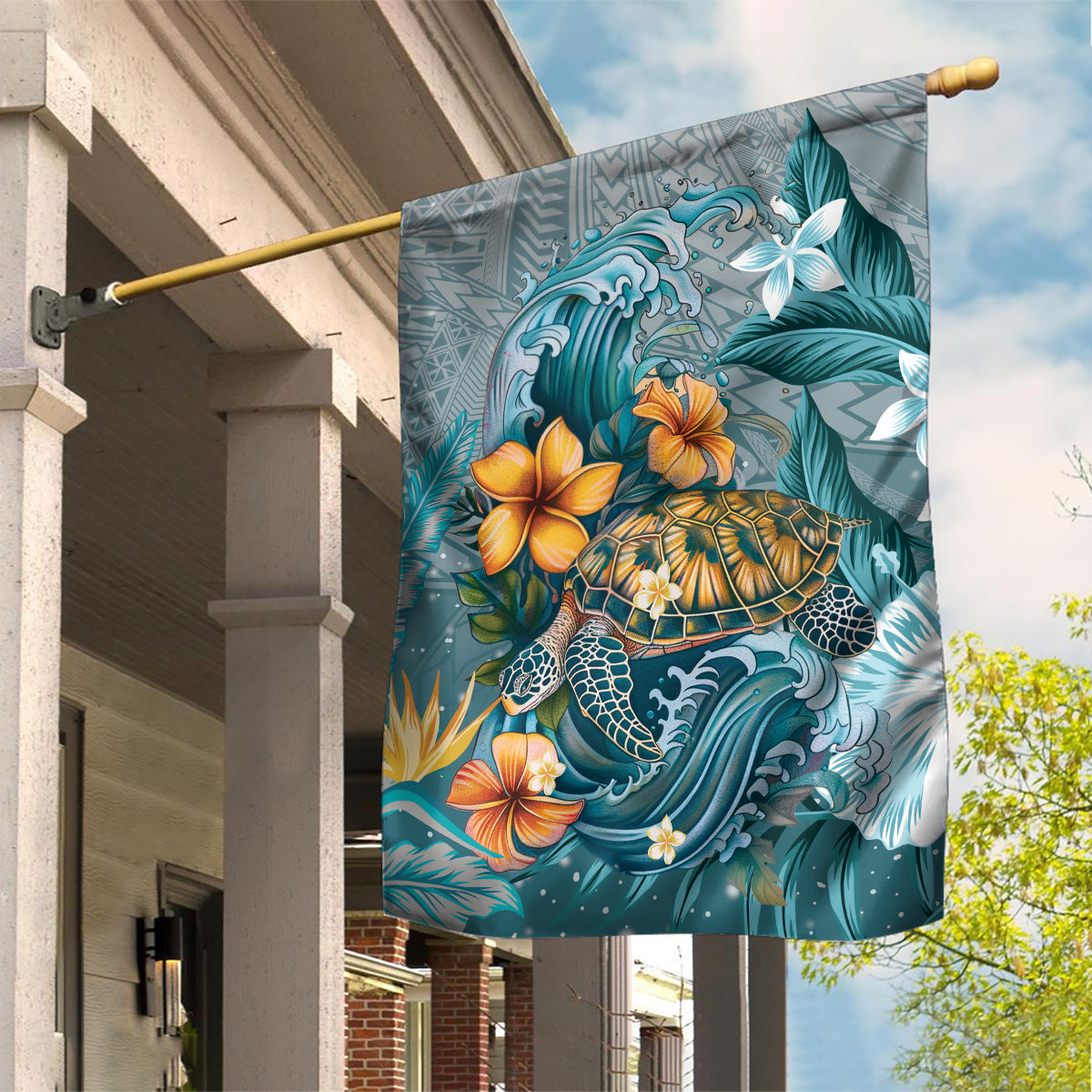Sea Turtle In The Ocean Garden Flag with Polynesian Pattern Arty Style LT9 House Flag Blue - Polynesian Pride