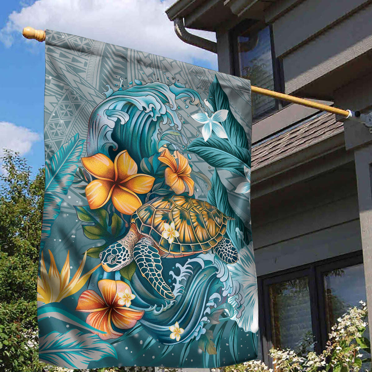 Sea Turtle In The Ocean Garden Flag with Polynesian Pattern Arty Style LT9 - Polynesian Pride