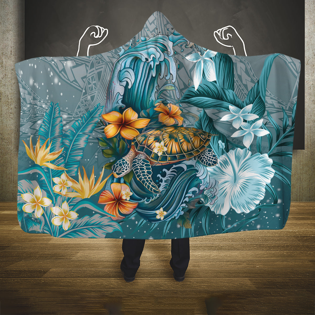 Sea Turtle In The Ocean Hooded Blanket with Polynesian Pattern Arty Style LT9 One Size Blue - Polynesian Pride