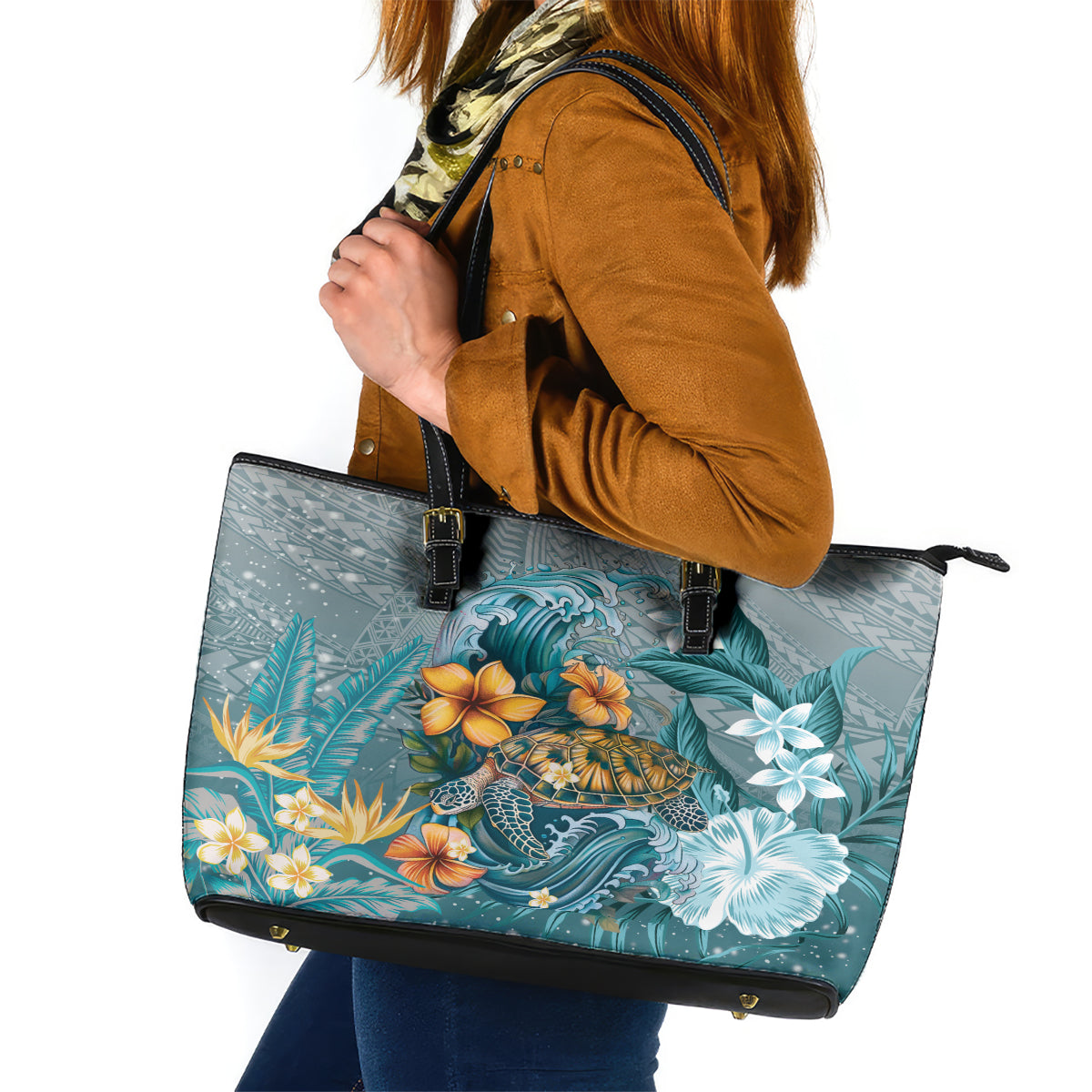 Sea Turtle In The Ocean Leather Tote Bag with Polynesian Pattern Arty Style LT9 Blue - Polynesian Pride