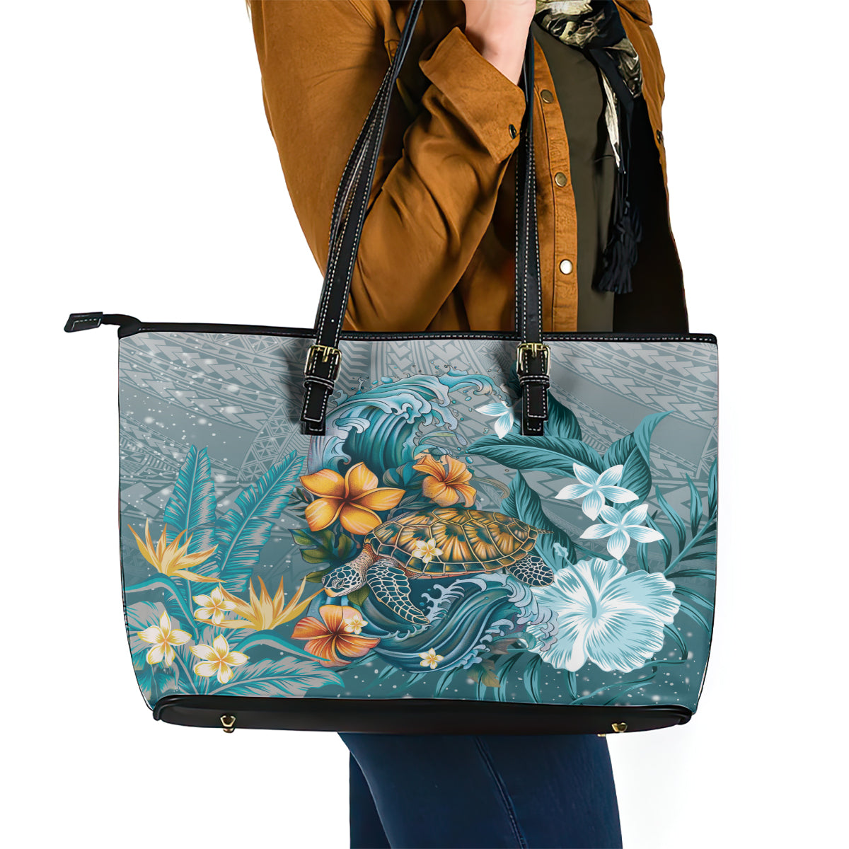 Sea Turtle In The Ocean Leather Tote Bag with Polynesian Pattern Arty Style LT9 - Polynesian Pride