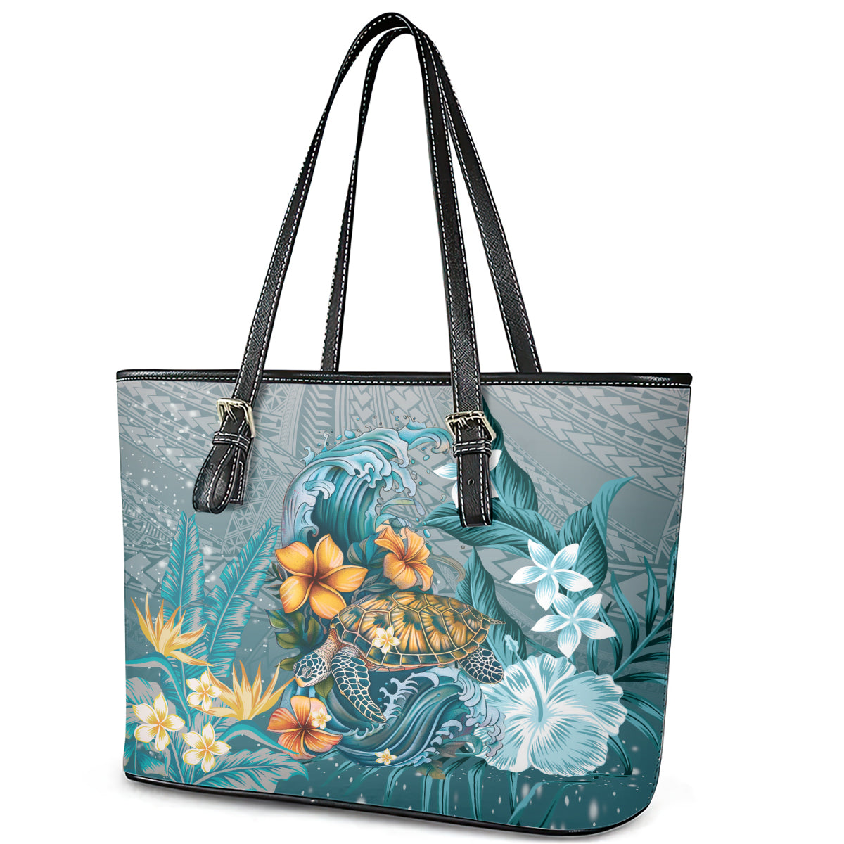 Sea Turtle In The Ocean Leather Tote Bag with Polynesian Pattern Arty Style LT9 - Polynesian Pride