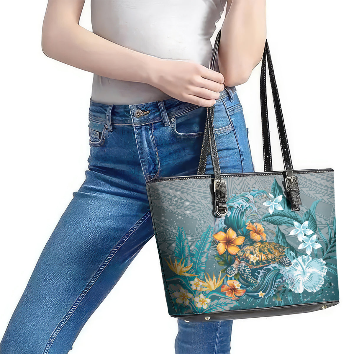 Sea Turtle In The Ocean Leather Tote Bag with Polynesian Pattern Arty Style LT9 - Polynesian Pride