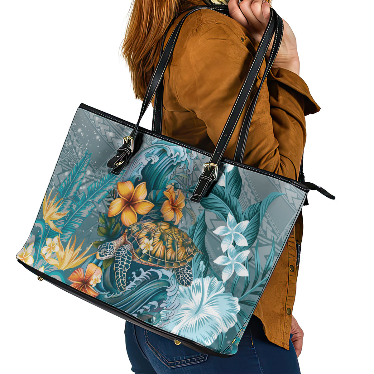 Sea Turtle In The Ocean Leather Tote Bag with Polynesian Pattern Arty Style LT9 - Polynesian Pride