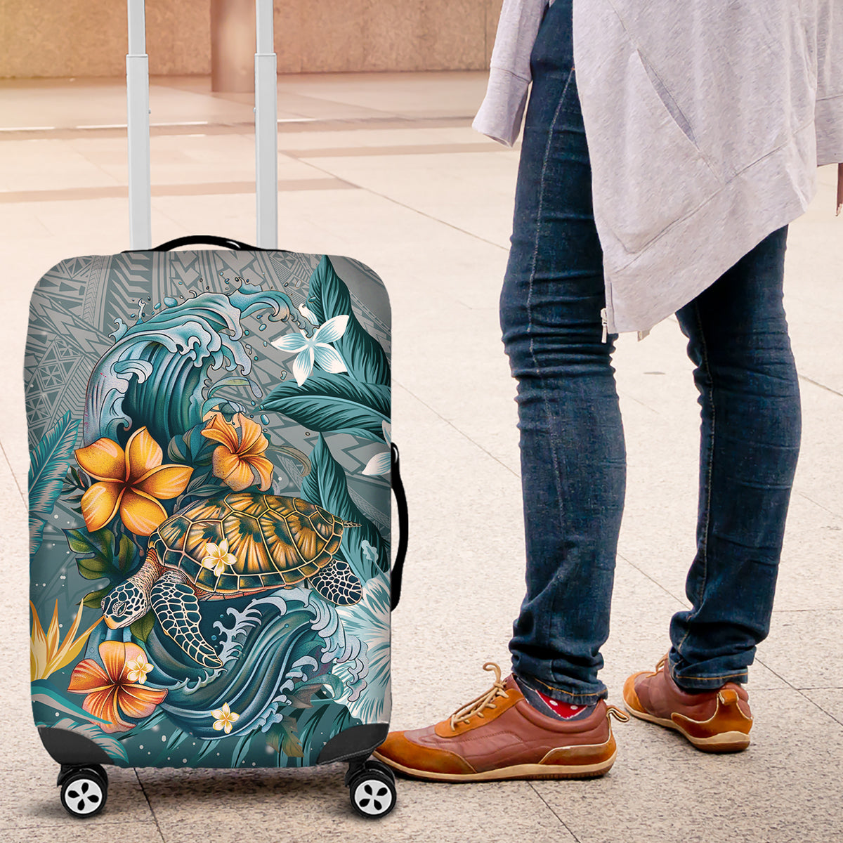 Sea Turtle In The Ocean Luggage Cover with Polynesian Pattern Arty Style